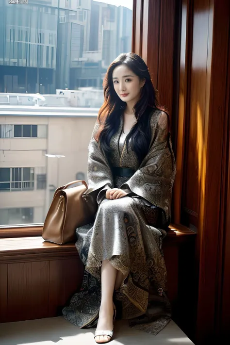 araffe woman sitting on a window sill in a kimono