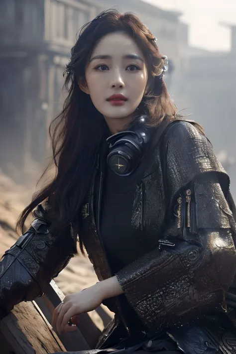 a close up of a woman sitting on a bench wearing a leather jacket