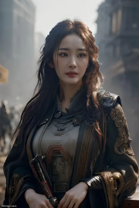 a woman in a black and gold outfit holding a sword