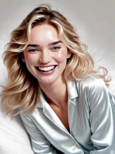 a close up of a woman laying on a bed with a pillow