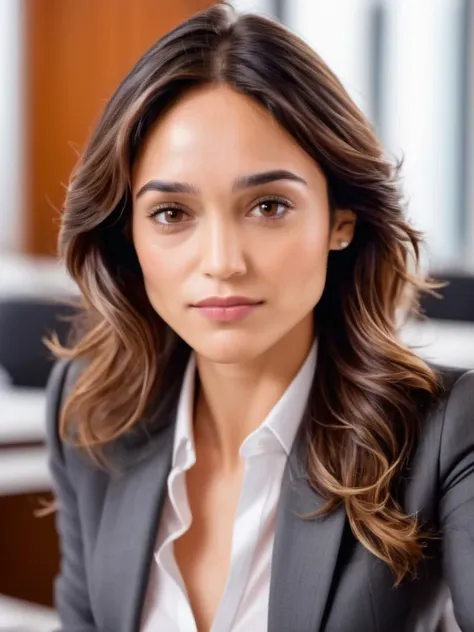 a woman in a suit sitting at a table with a laptop