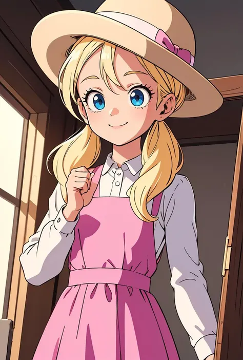 (masterpiece, best quality), 1girl,  <lora:DBGT_Marron_v1:0.8> marron, 1girl, solo, smile, blue eyes, blonde hair, long hair, low twintails,, hat, pink headwear,, white shirt, long sleeves, pink dress,