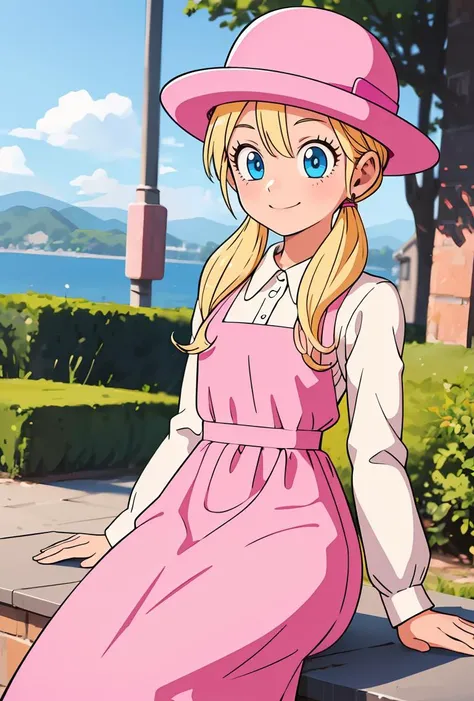 (masterpiece, best quality), 1girl,  <lora:DBGT_Marron_v1:0.8> marron, 1girl, solo, smile, blue eyes, blonde hair, long hair, low twintails,, hat, pink headwear,, white shirt, long sleeves, pink dress,