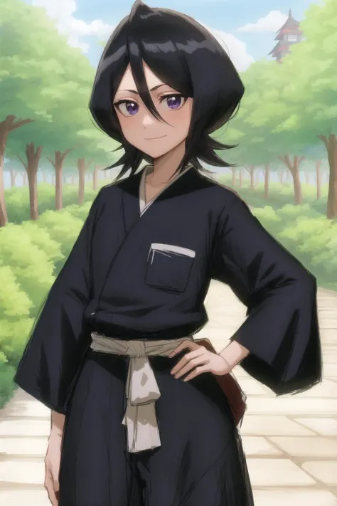 <lora:bleachRukia_v10:1>, ,anime screencap, forest,path, 1girl, solo, hand on hip, short hair, black hair, purple eyes, japanese clothes, smile, looking at viewer, black kimono, hair between eyes, cowboy shot, wide sleeves, facing viewer, black hakama,whit...