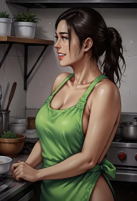 cowboy shot,an explicit picture of a mature 40 years old korean woman,she is working in the kitchen,wearing only a green apron over her naked body with her side to the viewer,a smile,black hair,folded ponytail,looking to her side,