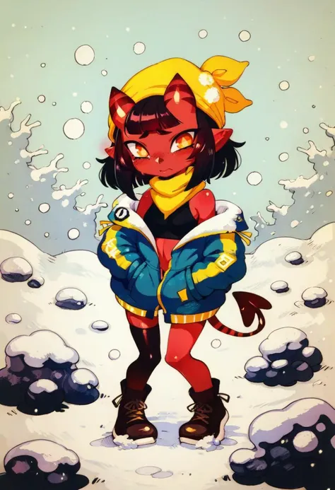 score_9, score_8_up, score_7_up, score_6_up, anime lineart, nude, 
BREAK 
 knees together, sweaty, embarrassed, blushing, 
BREAK 
Meruccubus, meru, Merunyaa, demon girl, red skin, 
BREAK 
Bandana Scarf, Bare Shoulders, Jacket With Hood, Asymmetrical Legwea...