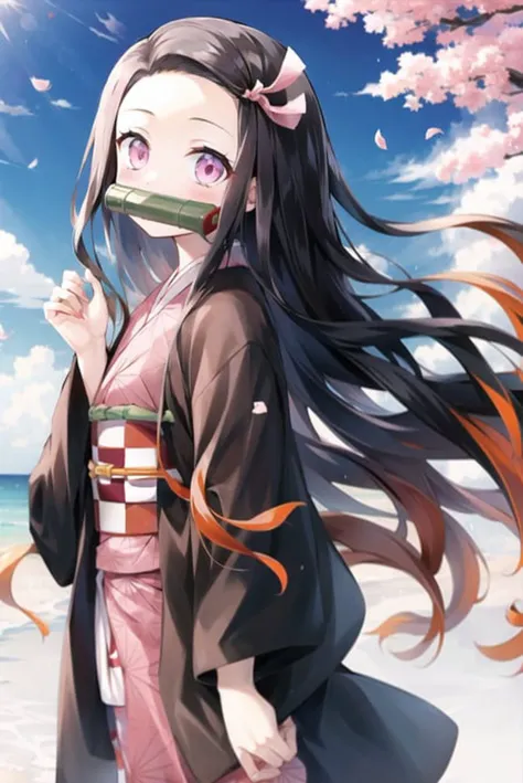 kamado nezuko, 1girl, black hair, forehead, hair ribbon, japanese clothes, kimono, long hair, multicolored hair, open mouth, pink eyes, pink kimono, pink ribbon, ribbon, very long hair, sky, ((masterpiece))  <lora:kamado_nezuko_offset:1>