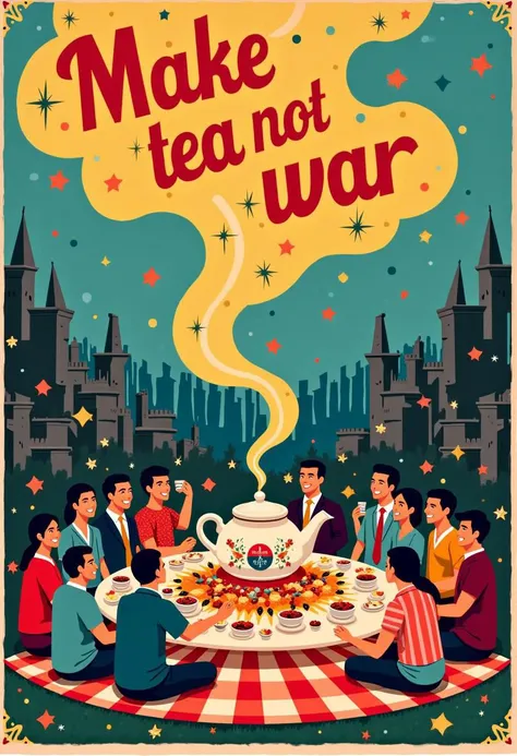 ethnic avant-garde campaign poster with florid friendly flowing text reads "Make tea not war", juxtaposed unified happy gathering around table drinking tea, in world of desolate devastation rubble,
exuberant picnic feast diverse gathering of people of all ...