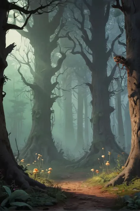 Annimation, in the style of the animated series [Over the Garden Wall], Mysterious Forest: "A dense, fog-shrouded forest with ancient trees and strange, glowing fungi."