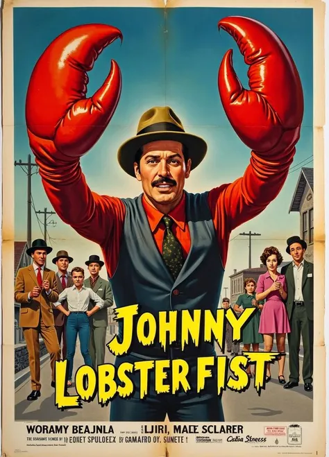 a 1950s movie poster for a film called ""Johnny Lobster fist"   The subject of the poster is a man named Johnny who has two lobster claws for  hands.  He is running around the town scaring people with his giant ham fists.  There is a crease in the poster w...