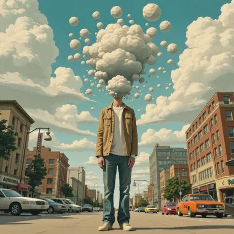 Digital painting, surreal, a person with a floating head surrounded by dreamlike elements, casual attire, city