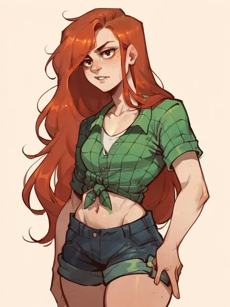 score_9, score_8_up, score_7_up, score_6_up, score_5_up,   <lora:WendyCXLP:1> wendyc, 1girl, solo, long hair, orange hair, freckles, curvy, shorts, tied shirt,