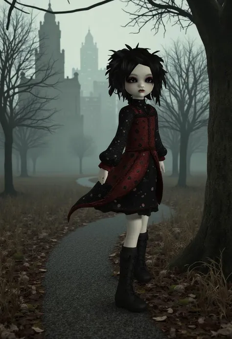 A photograph of a doll standing in a park surrounded by a hazy misty steampunk city