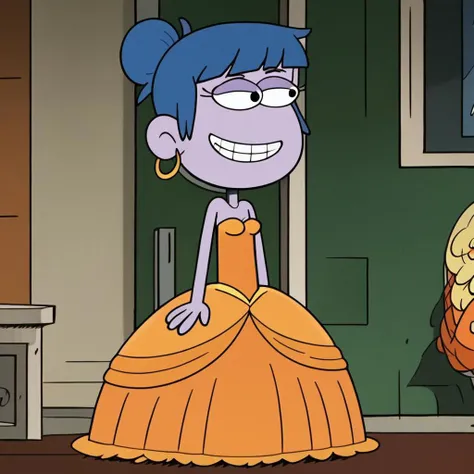 gloriabcg, The Loud House Style, 1 solo girl, blue hair, single hair bun, colored skin, purple skin, Very long large straight tulle light orange princess ball gown hoop skirt, ball gown hoop skirt, smiling, light orange princess dress, hoopdress, my big pr...