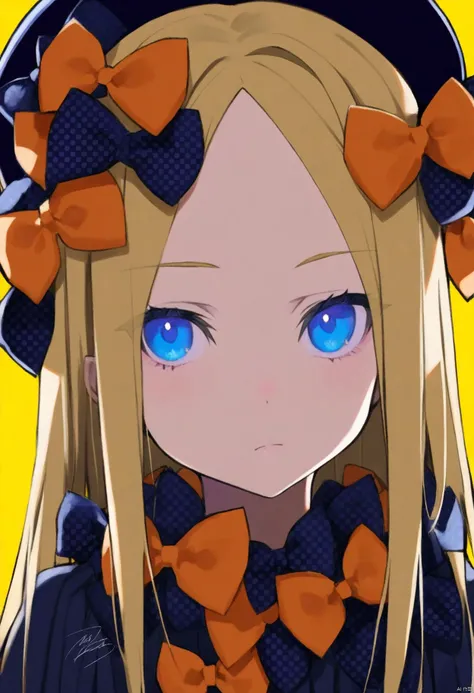 newest, absurdres, highres, sensitive,
masterpiece, best quality, 1girl, solo, abigail williams (fate), bow, blonde hair, hair bow, black bow, blue eyes, polka dot, long hair, polka dot bow, looking at viewer, hat, parted bangs, yellow background, simple b...