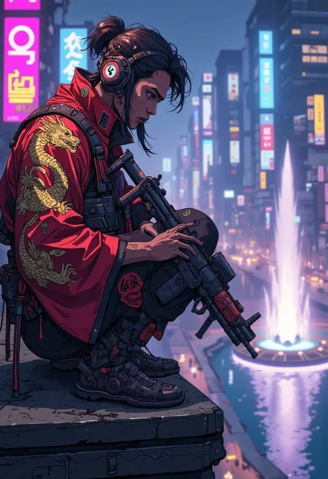 cyberpunk anime, stunning Japanese ork man wearing red and black sci-fi power kimono with golden dragon motives, kneeling near the border of a roof, watching the streets under him, headphones, dark eyeshadow, holding assault rifle on cyberpunk japanese tow...