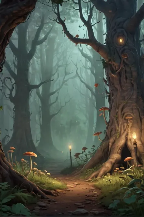 Annimation, in the style of the animated series [Over the Garden Wall], Mysterious Forest: "A dense, fog-shrouded forest with ancient trees and strange, glowing fungi."