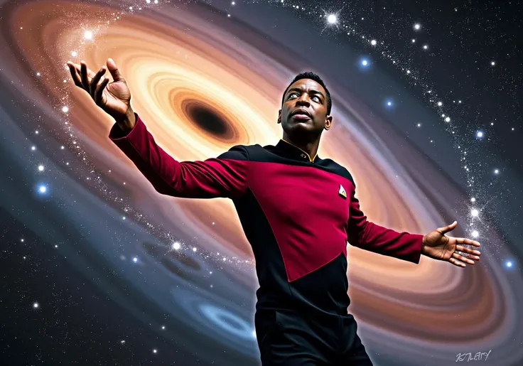 A man, Geordi La Forge Street photography of a man, Geordi La Forge, harnessing the power of a black hole to vanquish a cosmic entity. His Star Trek uniform appears to defy light, subtly bending around him. The background showcases the swirling dance of st...