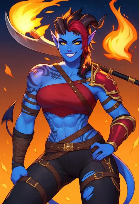 score_9, score_8_up, score_7_up, 1girl, solo, KarlachBG3, colored skin, demon girl, tail, yellow eyes, tattoo, blue skin, outdoors, fantasy, burning village, dark, night, starry sky, looking at viewer, smile, toned, breastplate, black pants, torn pants, me...