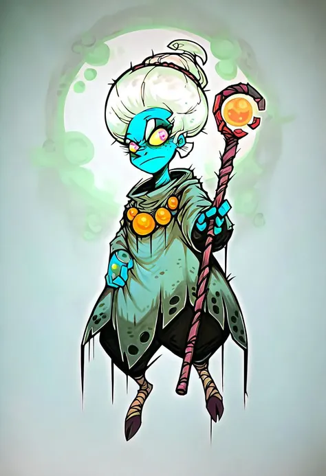 Evang, score_9, score_8_up, score_7_up, , full body character portrait, in a foggy, eerie swamp. The character is a mysterious shaman with a feathered headdress, holding a gnarled staff and surrounded by glowing, floating orbs of light.