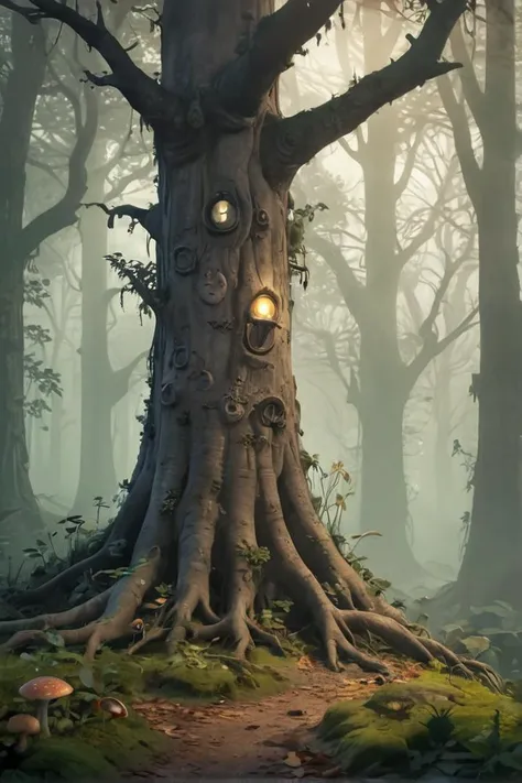 Annimation, in the style of the animated series [Over the Garden Wall], Mysterious Forest: "A dense, fog-shrouded forest with ancient trees and strange, glowing fungi."