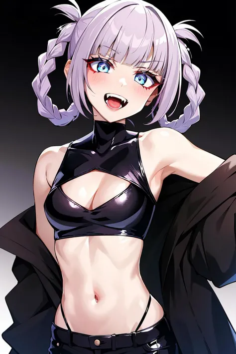 nanakusa nazuna,
1girl, bangs, black background, black jacket, black shirt, black shorts, blue eyes, blunt bangs, breasts, cleavage cutout, clothing cutout, crop top, eyeshadow, fangs, gradient hair, grey hair, hair rings, jacket, light purple hair, lookin...