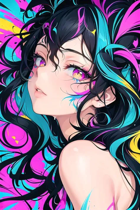 upper body portrait of a woman blending Art Nouveau and graffiti styles, A picture of a womans face is painted in bright colors. Her hair is black and wavy. Her eyes are open and she has pink irises. There are splashes of blue yellow and pink on the sides ...