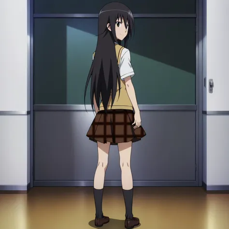 a woman in a school uniform standing in a room