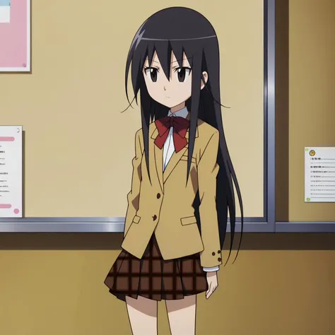 anime girl in school uniform standing in front of a desk