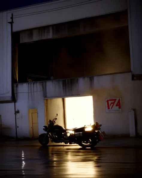 there is a motorcycle parked in front of a building at night