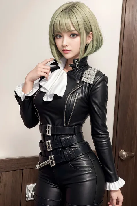 (masterpiece, best quality, ultra detailed), ultra realistic, half body, younger,cool & sexy (idolmaster),
<lora:aiBeautyIthlinni_ithlinniV1:0.4>, little breasts, 1girl,short hair, green hair , lio fotia, black jacket, ascot, leather pants, half gloves, mu...