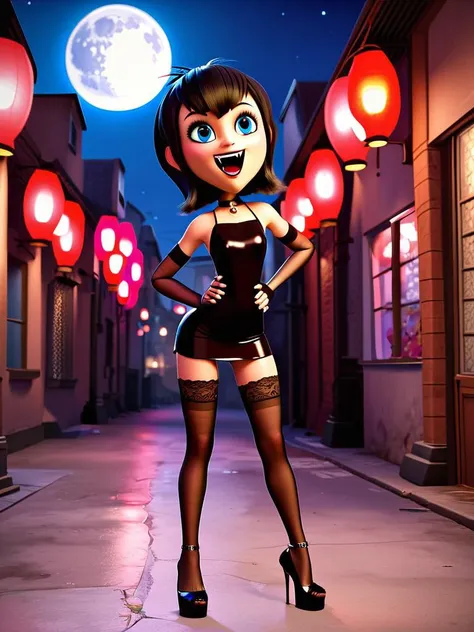 cartoon girl in short dress standing in alley with lanterns