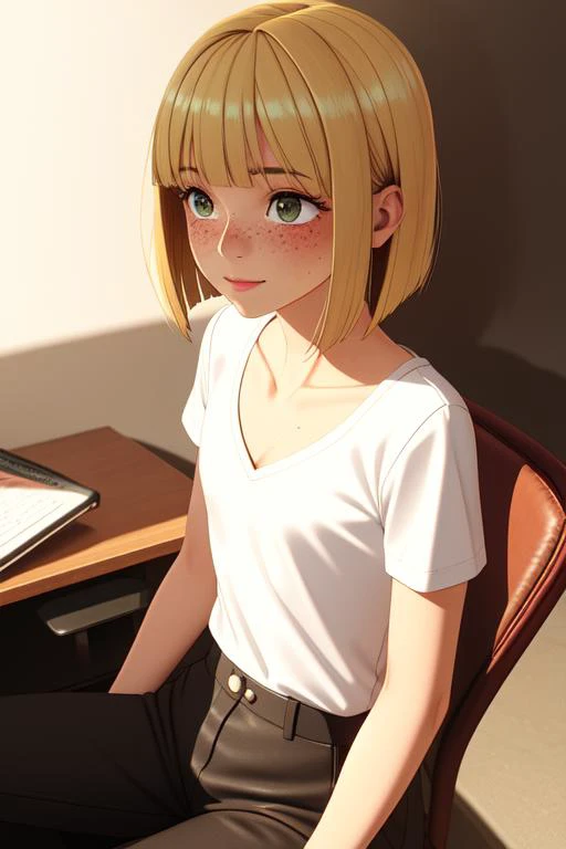 expressive 3d portrait of athletic slim petite 24 year old woman, (sitting on a leather office chair:1.2), short straight blonde hair in a bob cut, flat chest, tight low cut shirt, cleavage, (smiling:0.7), freckles, small nose, 1girl, (logical lighting and...