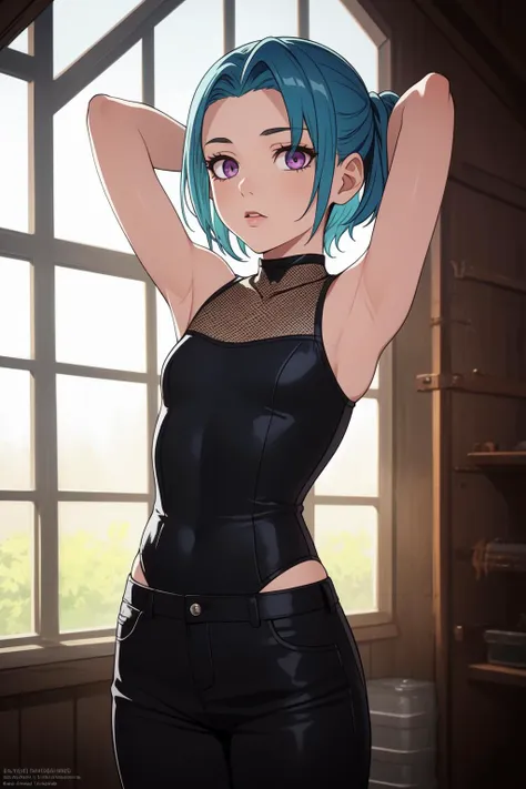 a woman with blue hair and black pants posing in front of a window