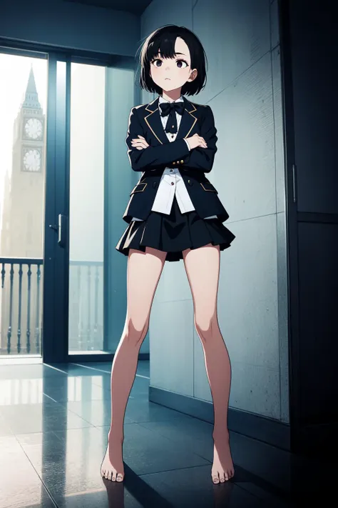 anime girl in a school uniform standing in a room with a clock tower in the background