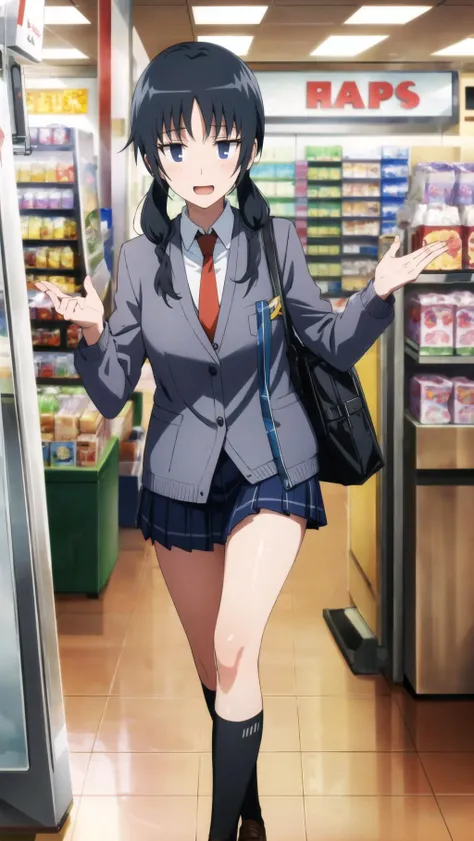 <lora:uomi:0.8>, chihiro uomi,
 school uniform, grey jacket, necktie, BREAK
,embarrassed,steampunk inside convenience store nighttime, , dieselpunk, earthy theme, , , giggling,, breasts,, 
BREAK
masterpiece, best quality,BREAK,