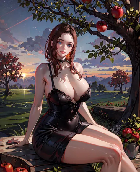 1 girl, (Kitch),  Transgender Female, smile,  blue eyes, solo, voluptuous, auburn hair, long hair, detailed face, detailed eyes, sitting in a tree, (sitting on a tree branch, (apple tree)),  (masterpiece:1.3), (best quality:1.2), (intricate detailed:1.2), ...