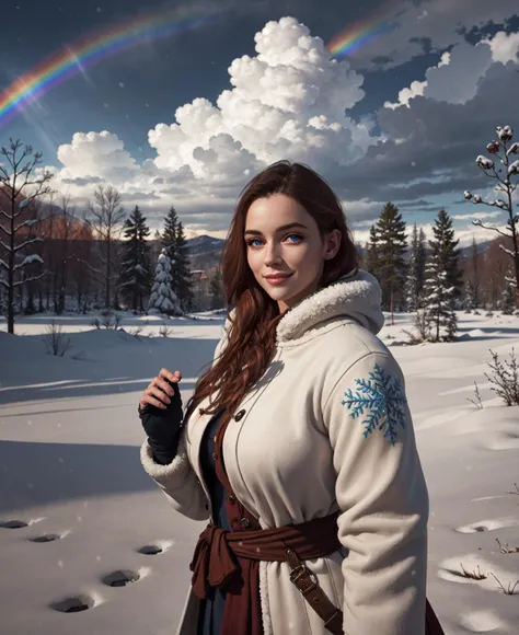 1 girl, (Kitch),  Transgender Female, smile,  blue eyes, solo, voluptuous, auburn hair, long hair, detailed face, detailed eyes,          ((fantasy,  ) dark clouds, bright skies, sunlight, rainbow, )  white, blue, snow, snowing, winter coat,  snowflakes   ...