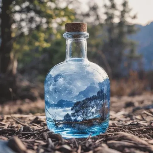 portrait photograph of a beautiful glass bottle filled with scenery nature landscape and blue galaxy