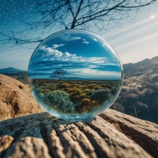 photograph glass with natural landscape inside, blue galaxy sky, detailed, cinematic, Zenit 35mm