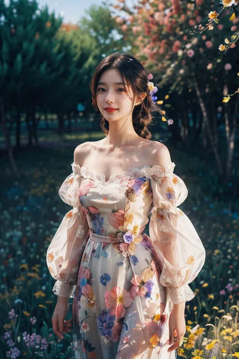 a woman in a floral dress standing in a field of flowers