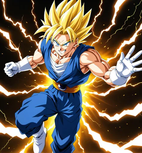 (masterpiece, best quality:1.2), <lora:db_vegetto-10:0.7>, <lora:lightningvfxCreateMore_v1:0.2>, solo, male focus, 1boy, vegetto, super saiyan, grin, looking at viewer, hands on hip, flying, floating, blonde hair, spiked hair, blue eyes, dougi, white boots...