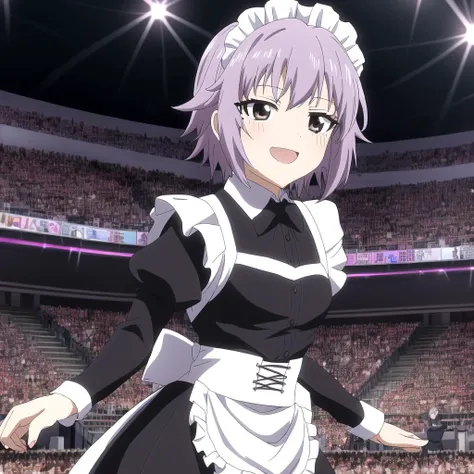 (highres, best quality, absurdres, masterpiece), <lora:koshimizu_sachiko:1>, purple hair, lavender hair, short hair, koshimizu sachiko, solo, anime screencap, ((gothic maid)), black dress, maid, mascara, cheering, lavender eyes,