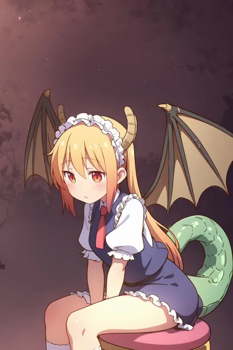 anime girl sitting on a stool with a dragon on her back