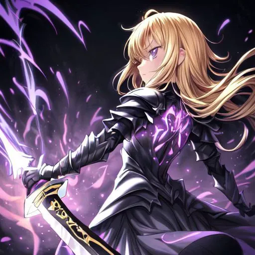 Beautiful blonde girl, black armor in the form of a dress, holding in her hands a large black sword with a golden blade, Serious look, Back turn,Clear eyes, high quality, high color saturation, high definition, super detailed, anime ART, 4k , perfect nose....