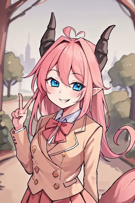 a cartoon girl with pink hair and horns in a pink outfit