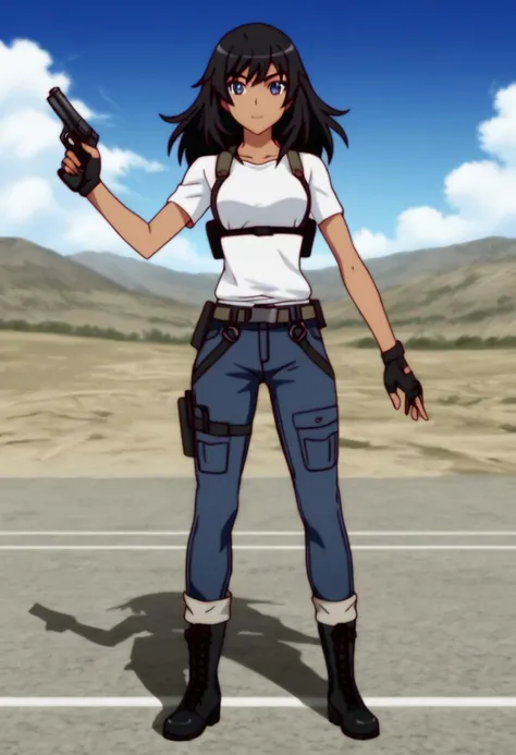 Woman, sky blue eyes, long black hair, slightly tanned, slender figure, blue jeans, white shirt, black ranger combat boots, handgun holster