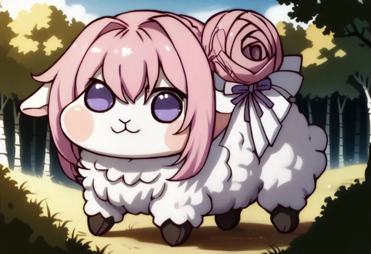 anime character with pink hair and purple eyes walking in a forest