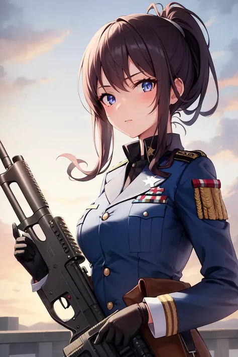 a woman in uniform holding a gun and a rifle