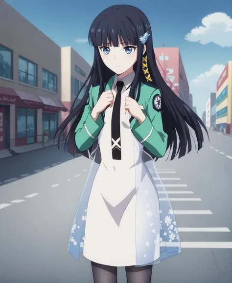 anime girl in uniform standing in the middle of a street